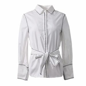 C/MEO NWT Long Sleeve Belted Button Up White Contemporary Business Blouse Top